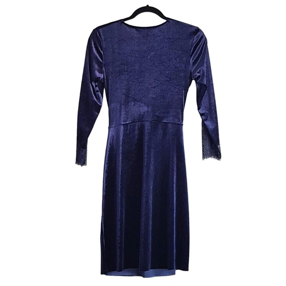 Navy Blue Velvet and Lace Wrap Dress - Picture 3 of 4